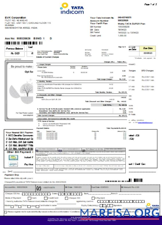 Downloadable Tata Indicom mobile utility business bill, page 2, SCR sample